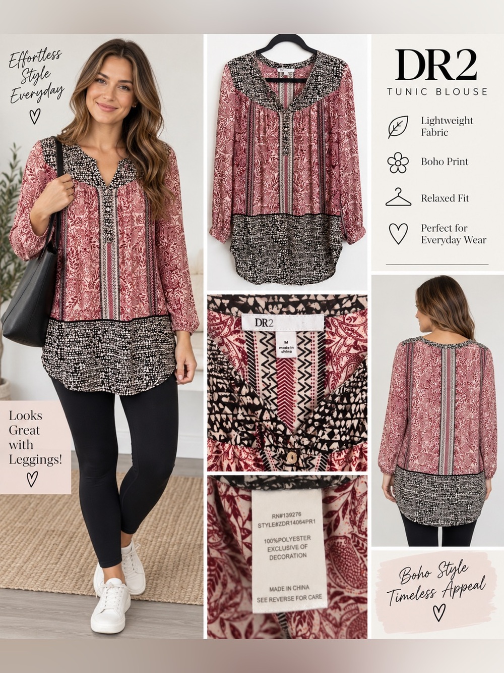 DR2 Women’s Medium Lightweight Boho Paisley Tunic Blouse Burgundy Black